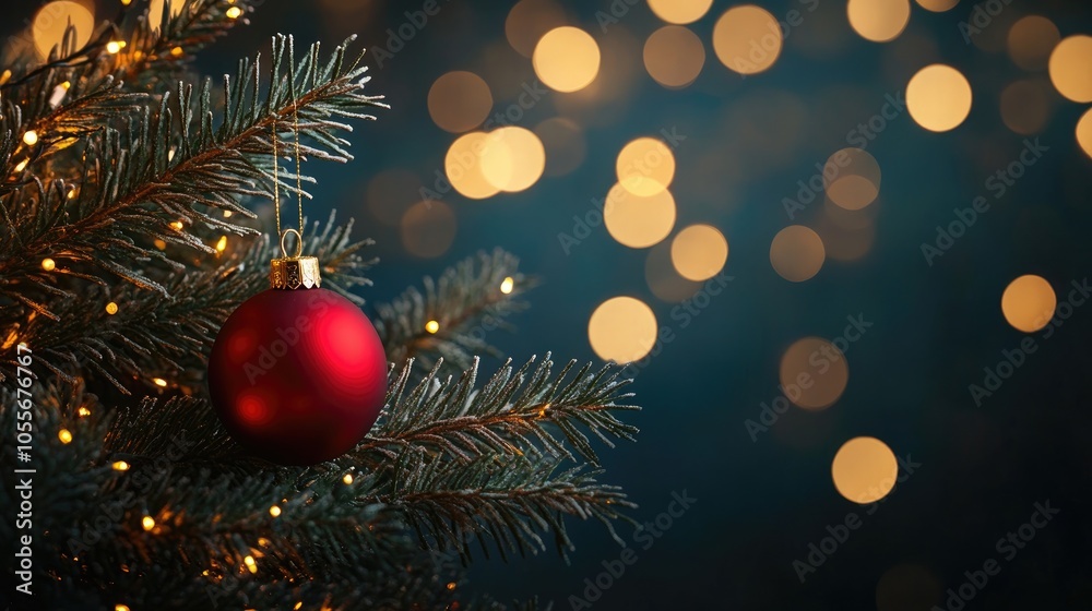 Christmas pine branch adorned with a red bauble set against a dark background illuminated by golden bokeh lights Christmas pine branch adorned with a red bauble set against a dark background illuminated by golden bokeh lights