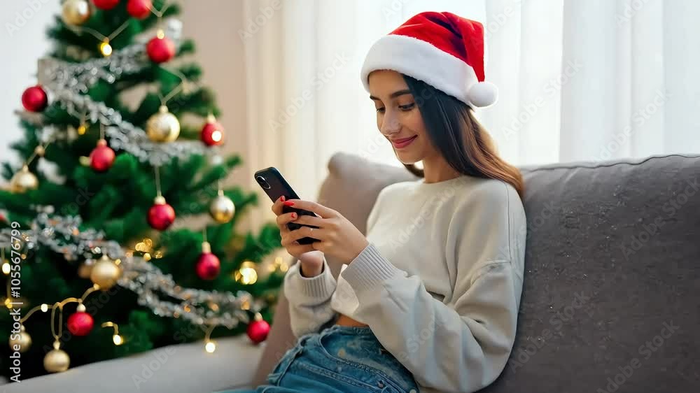 Young woman wearing a Santa hat using a smartphone, sitting by a decorated Christmas tree with festive ornaments