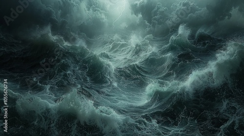 A stormy sea with churning waves and dark clouds.