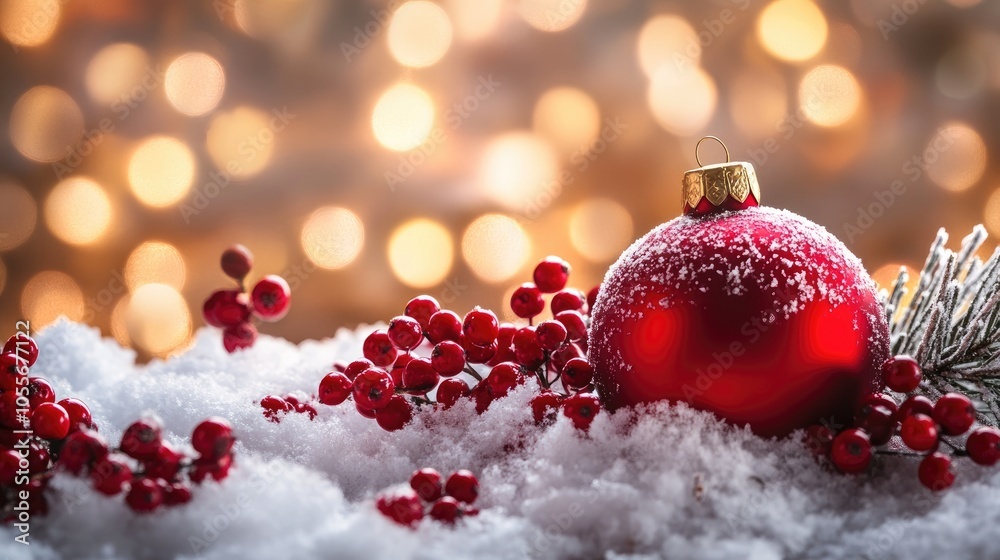 Christmas scene featuring snow red ornaments berries and a softly lit background Christmas scene featuring snow red ornaments berries and a softly lit background