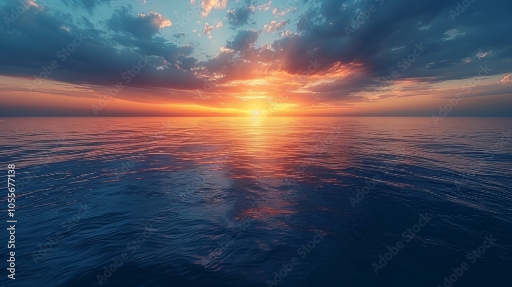 Fototapeta premium A stunning sunset over the ocean, with the sun setting on the horizon and casting a golden glow on the water.