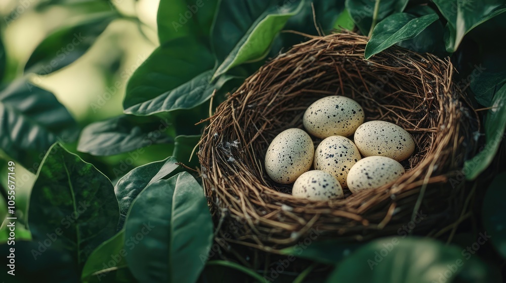 Close up of a bird s nest containing speckled eggs nestled in lush greenery highlighting the beauty of nature and wildlife Close up of a bird s nest containing speckled eggs nestled in lush greenery highlighting the beauty of nature and wildlife
