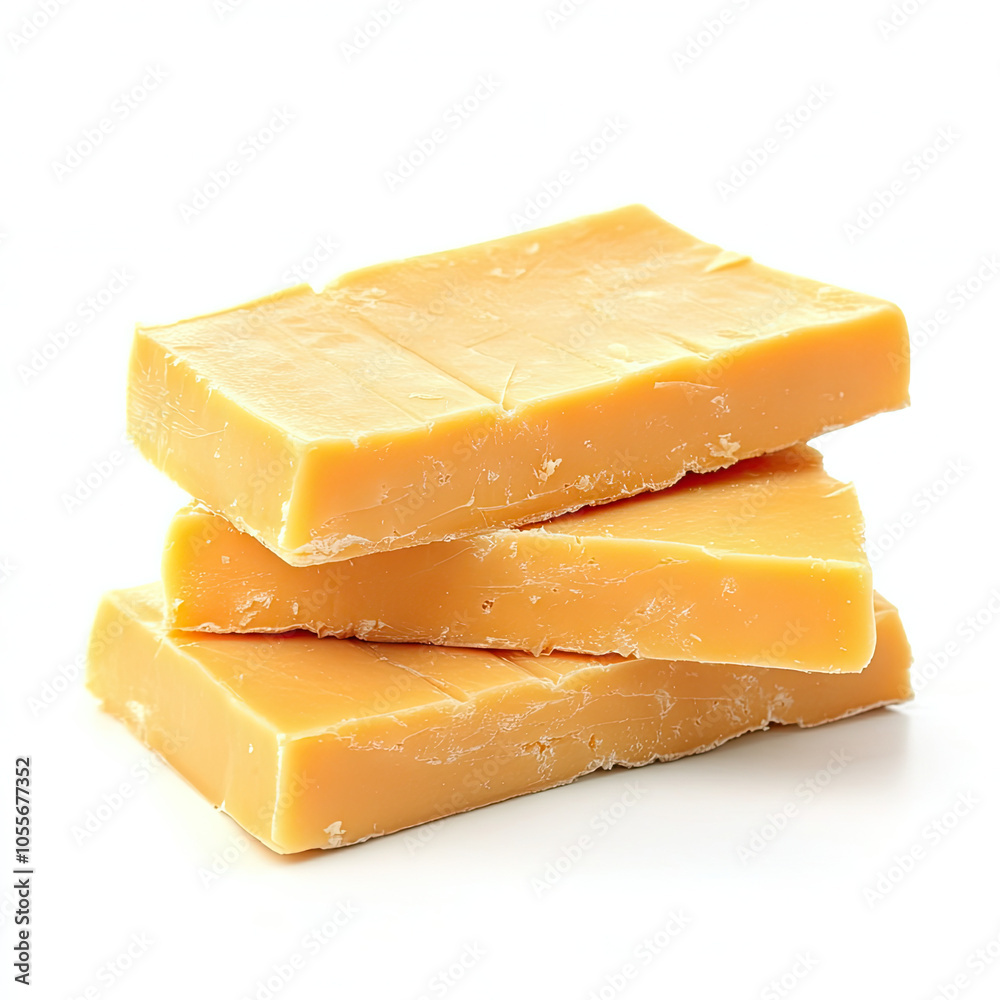 A pile of three pieces of cheddar cheese isolated on a white background A pile of three pieces of cheddar cheese isolated on a white background