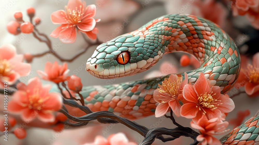 Obraz premium Snake in pink blooming tree branches, in Asian style