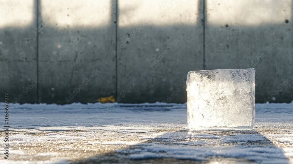 Small ice block beside a structure on a snowy frozen parking surface Small ice block beside a structure on a snowy frozen parking surface