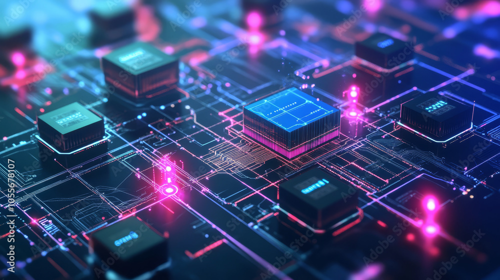 A smart contract execution visualized on a blockchain ledger, with data blocks connected in a transparent and secure system,