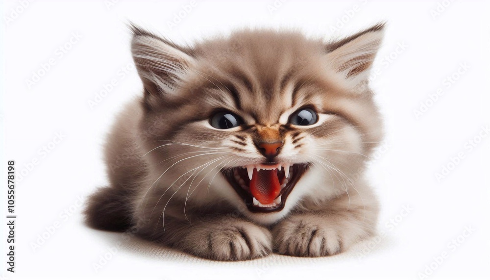 Obraz premium Angry, aggressive kitten lying with bared teeth isolated on white background