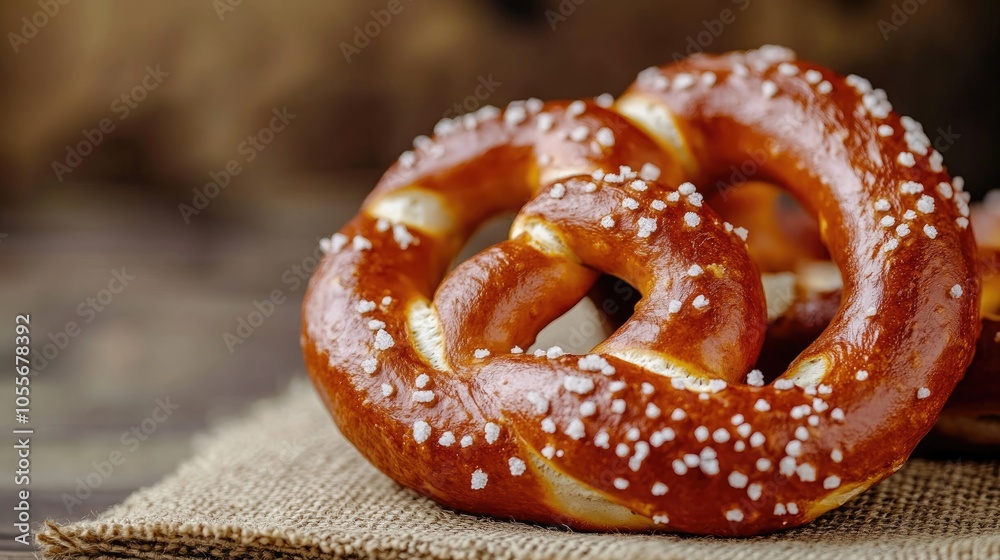 Close up of a salty pretzel on burlap atop a table Close up of a salty pretzel on burlap atop a table