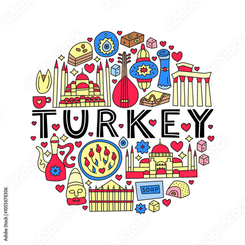 Turkey national landmarks and attractions in doodle style composed in circle shape. Welcome poster. Turkish tourism concept.