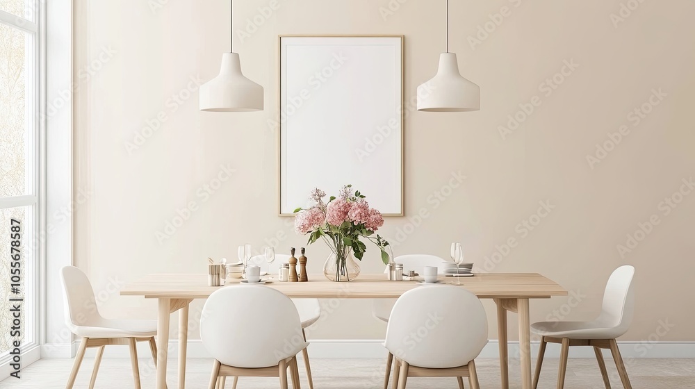 Interior design of minimalist beige dining room with mock up poster, table, stylish chairs, flowers in vase, pendant lamp, decorations and personal accessories. Template Interior design of minimalist beige dining room with mock up poster, table, stylish chairs, flowers in vase, pendant lamp, decorations and personal accessories. Template