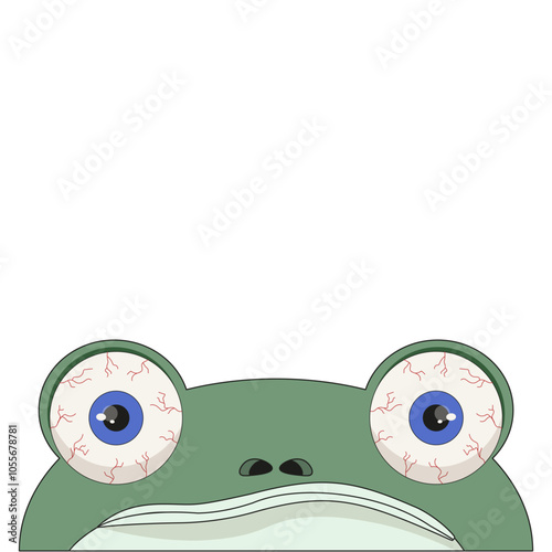Weird flat Frog head isolated white background. Funny Frog with busted capillaries in the eyes. Vector illustration can used template design pillow t-shirt print decor.