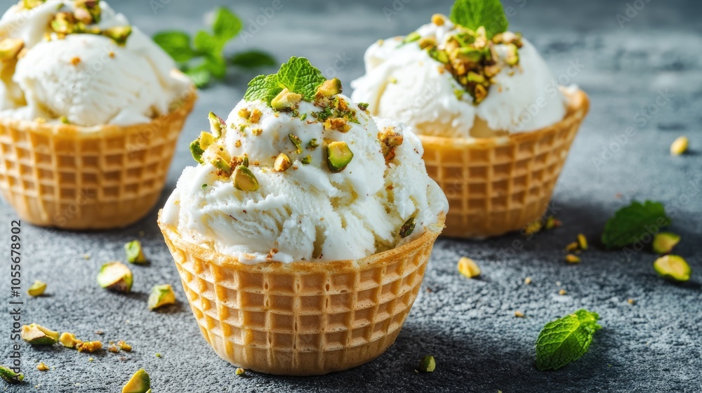 Waffle cups filled with homemade vanilla ice cream topped with pistachio nuts and mint Perfect summer treat with ample copy space Waffle cups filled with homemade vanilla ice cream topped with pistachio nuts and mint Perfect summer treat with ample copy space