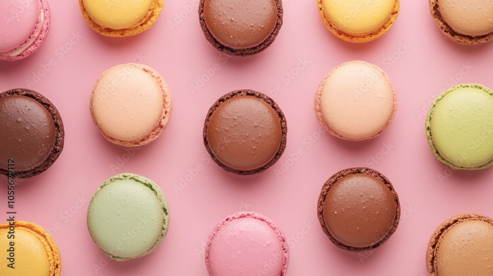 Colorful macaroons arranged on a pink backdrop viewed from above