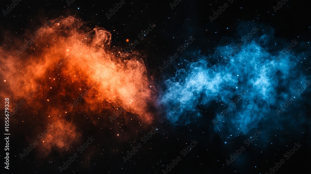 Fiery Orange Nebula Clouds Versus Icy Blue Nebula Clouds, Universe Galaxy Stellar Space Background Fiery Orange Nebula Clouds Versus Icy Blue Nebula Clouds, Universe Galaxy Stellar Space Background