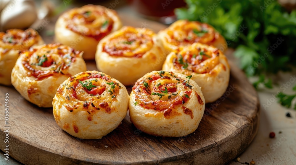 Savory mini pizza buns on a wooden board Tasty homemade baked pizza rolls for a delightful snack Savory mini pizza buns on a wooden board Tasty homemade baked pizza rolls for a delightful snack