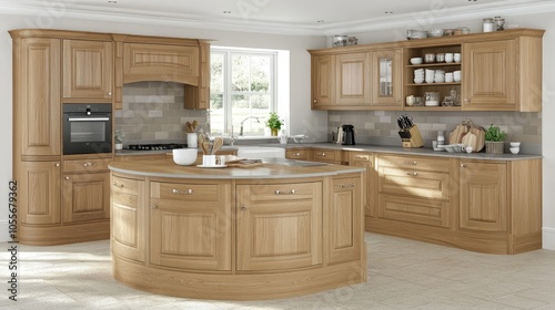 Light wood cabinets and grey backsplash in a Scandinavian kitchen with white walls, perfect for clean design.