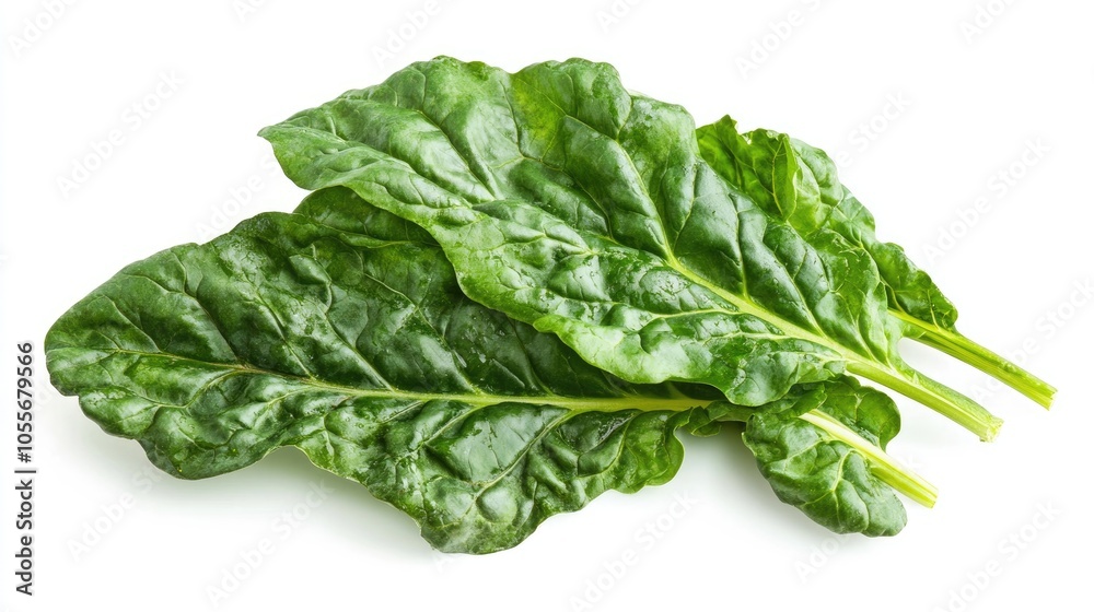Fresh green chard leaves set against a white background Fresh green chard leaves set against a white background