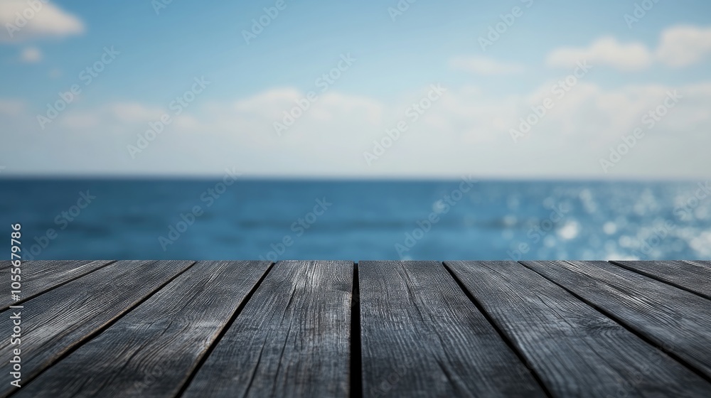 Dark wooden tabletop with a softly blurred seascape and clear blue sky in the background High resolution image Dark wooden tabletop with a softly blurred seascape and clear blue sky in the background High resolution image