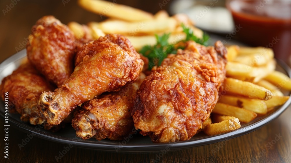 Fried chicken served with crispy french fries on a plate Fried chicken served with crispy french fries on a plate