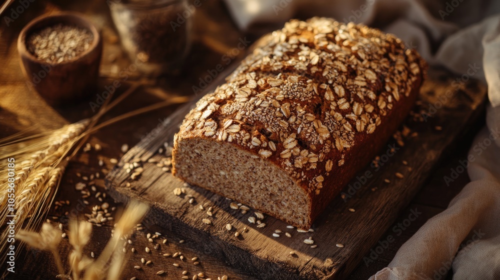 Homemade multi grain loaf on a wooden table decorated with seeds and surrounded by wheat straws and soft fabrics creating a warm and inviting atmosphere Homemade multi grain loaf on a wooden table decorated with seeds and surrounded by wheat straws and soft fabrics creating a warm and inviting atmosphere