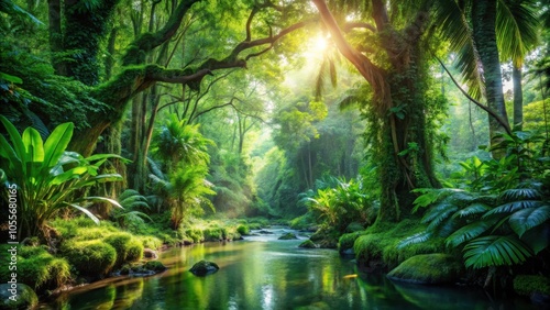 Sunlight filters through the dense canopy of a lush rainforest, illuminating the tranquil stream winding through the vibrant foliage.