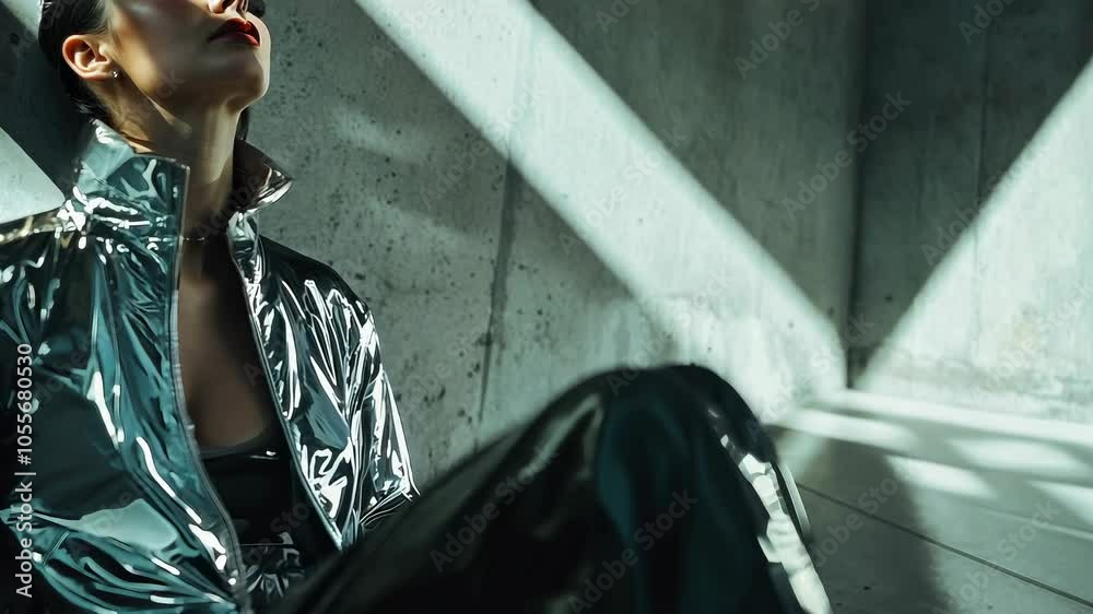 High-fashion shoot with a model in futuristic, metallic clothing, posing in a minimal interior with concrete walls. Fashion concept.