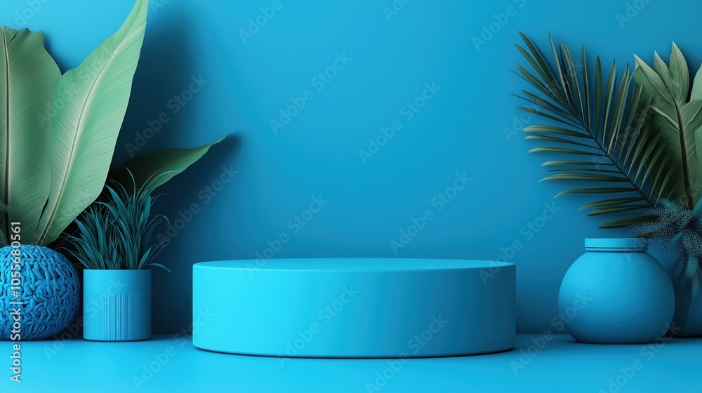 Blue decorative scene with a round pedestal, plant leaves, cylindrical vase, and woven texture sphere against a solid blue background.
