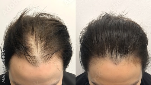 A before and after photo of a hair loss treatment, Before and after people head