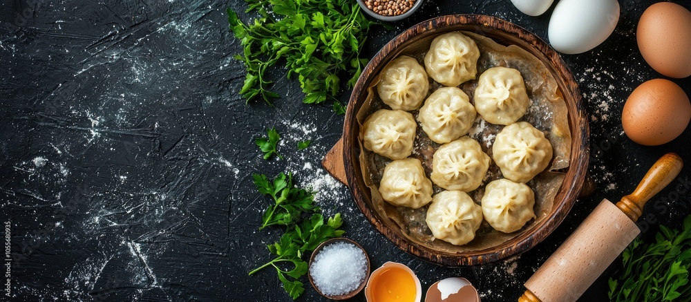 Homemade Meat Dumplings On A Dark Background Floured With Hot Pepper Salt Parsley Eggs Rolling Pin Top View Homemade Meat Dumplings On A Dark Background Floured With Hot Pepper Salt Parsley Eggs Rolling Pin Top View