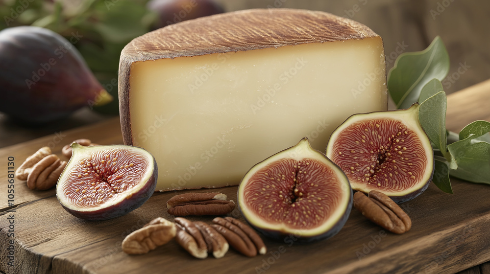 Close-up of Smoked Gouda with Fresh Fig Slices and Pecans on Wooden Board – Rich Textures and Contrasting Colors for a Rustic Cheese Platter Presentation Close-up of Smoked Gouda with Fresh Fig Slices and Pecans on Wooden Board – Rich Textures and Contrasting Colors for a Rustic Cheese Platter Presentation