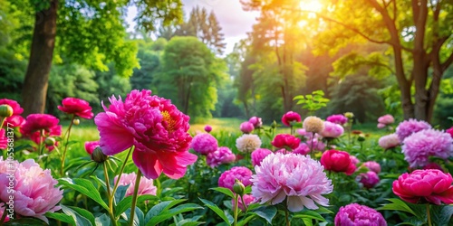 Vibrant peony flowers in a lush green garden surrounded by tall trees and colorful foliage, nature, botanical, flowers photo