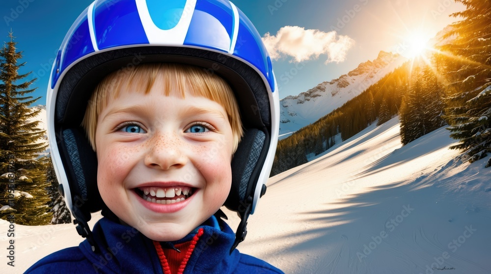 A happy young boy with blond hair in a ski helmet and blue jacket smiles brightly against a stunning snowy mountain backdrop with pine trees A happy young boy with blond hair in a ski helmet and blue jacket smiles brightly against a stunning snowy mountain backdrop with pine trees