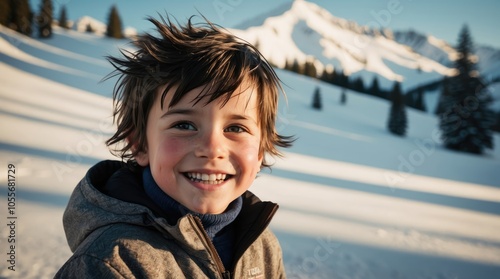 A happy boy with mussed dark hair wearing a ski jacket smiles brightly against a backdrop of snowy mountains with pine trees and warm sunlight.  photo