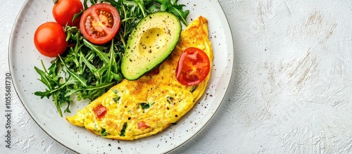 Omelette With Avocado Tomatoes And Arugula On White Ceramic Plate On Light Stone Background Healthy Breakfast