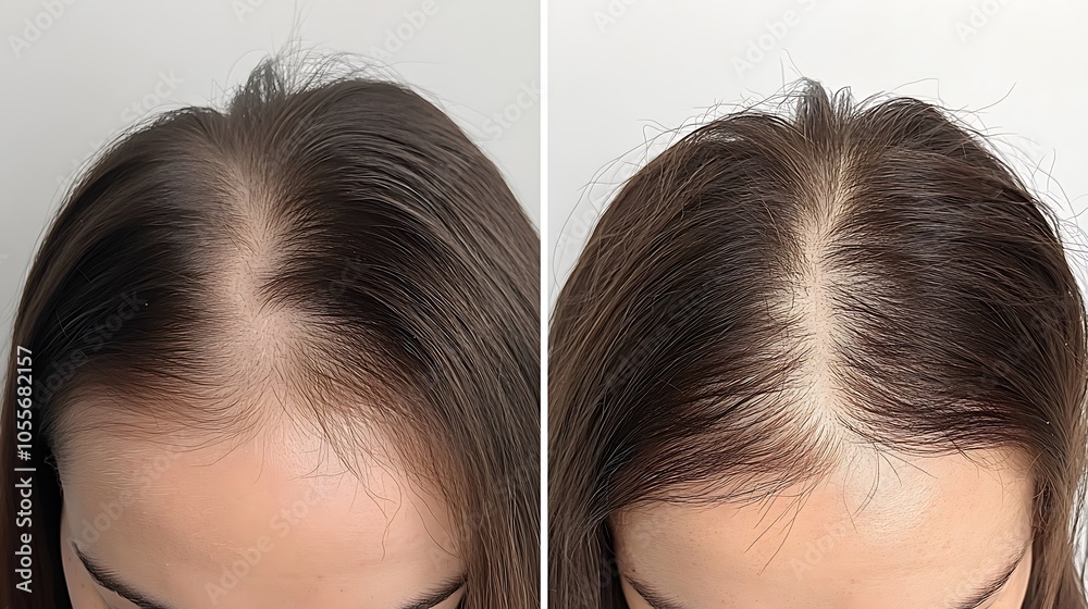 A before and after photo of a hair loss treatment, Before and after people head