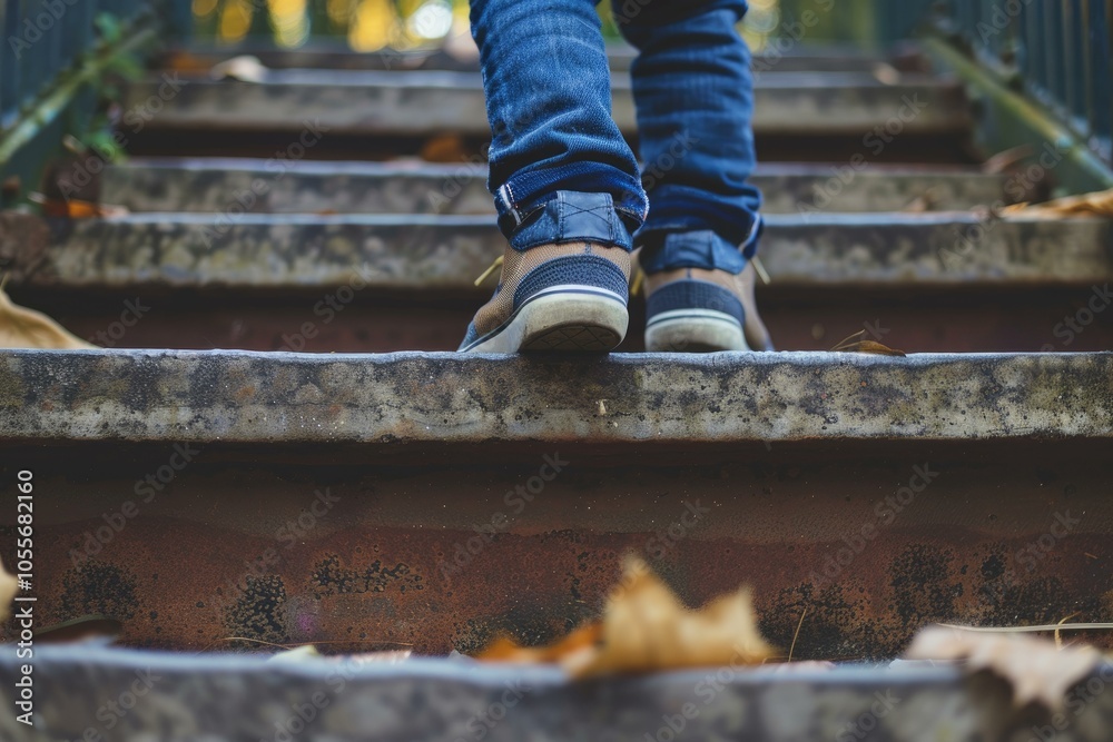 Person is taking the next step on a set of old concrete stairs with fall leaves on them Person is taking the next step on a set of old concrete stairs with fall leaves on them