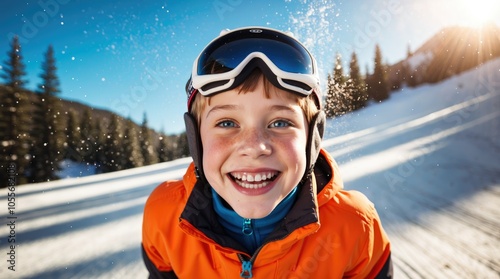 A cheerful young boy in an orange ski jacket and goggles smiles brightly. Set in a snowy mountain landscape, captures the joy and excitement of winter sports and family holidays in the mountains. photo