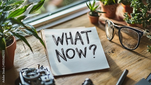 A desk adorned with various plants along with a sign posing the question 'What Now?', this artistic arrangement brings together elements of nature and contemplation. photo