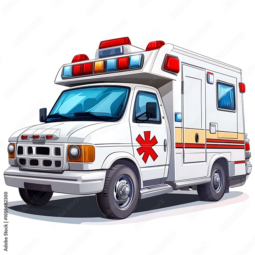 A cartoon ambulance with a stretcher on a white background. A cartoon ambulance with a stretcher on a white background.