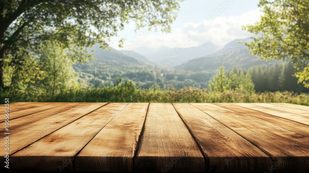 Wooden tabletop set against a natural backdrop