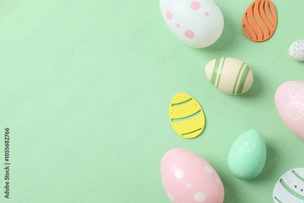 Happy Easter card. Easter eggs and decoration on color background, top view Happy Easter card. Easter eggs and decoration on color background, top view