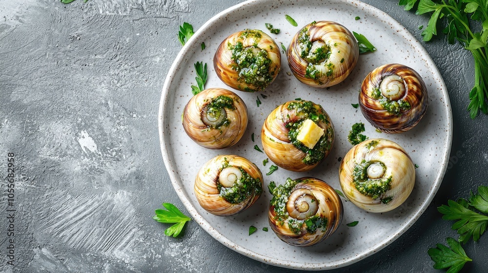 Escargots De Bourgogne Snails With Herbs Butter On Gray Background Top View