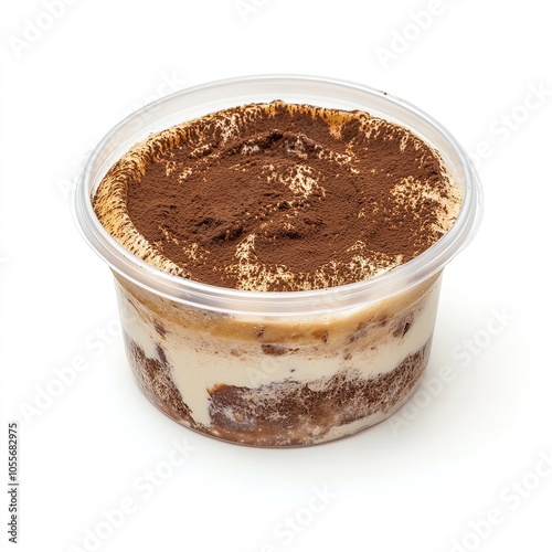 Tiramisu in a plastic cup with cocoa dusting on white background.