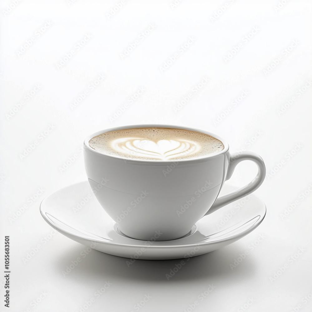 White Coffee Cup with Saucer and Microfoam on White Background White Coffee Cup with Saucer and Microfoam on White Background