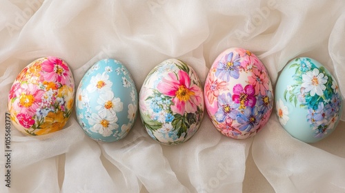 Colorful Easter eggs adorned with flowers against a white tulle backdrop showcasing a decoupage technique photo