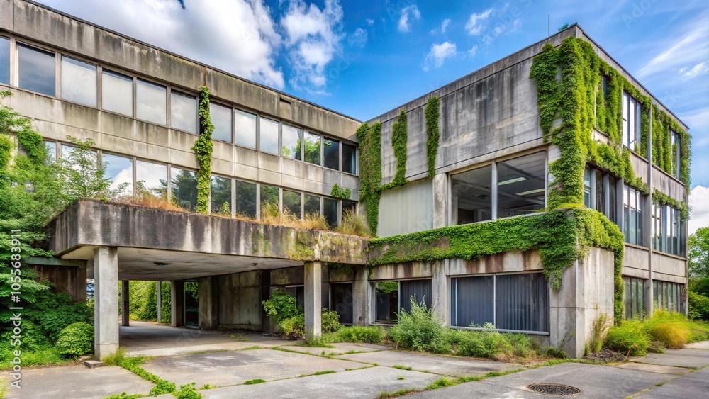 Abandoned office building with peeling grey paint and overgrown plants in an urban setting, buildings, peeling paint Abandoned office building with peeling grey paint and overgrown plants in an urban setting, buildings, peeling paint