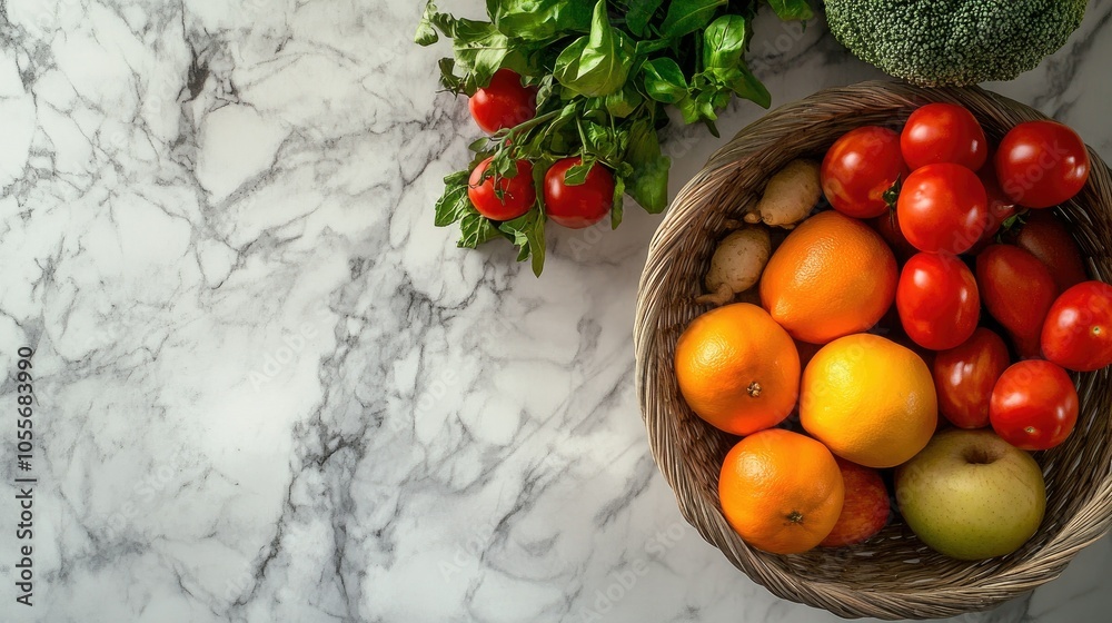 Top view of fresh produce in a grocery basket on a countertop, perfect for health-themed messages, with copy space Top view of fresh produce in a grocery basket on a countertop, perfect for health-themed messages, with copy space
