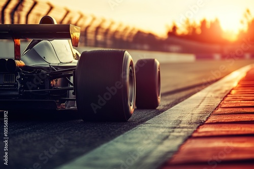 Racing car on track at sunset, high-speed concept