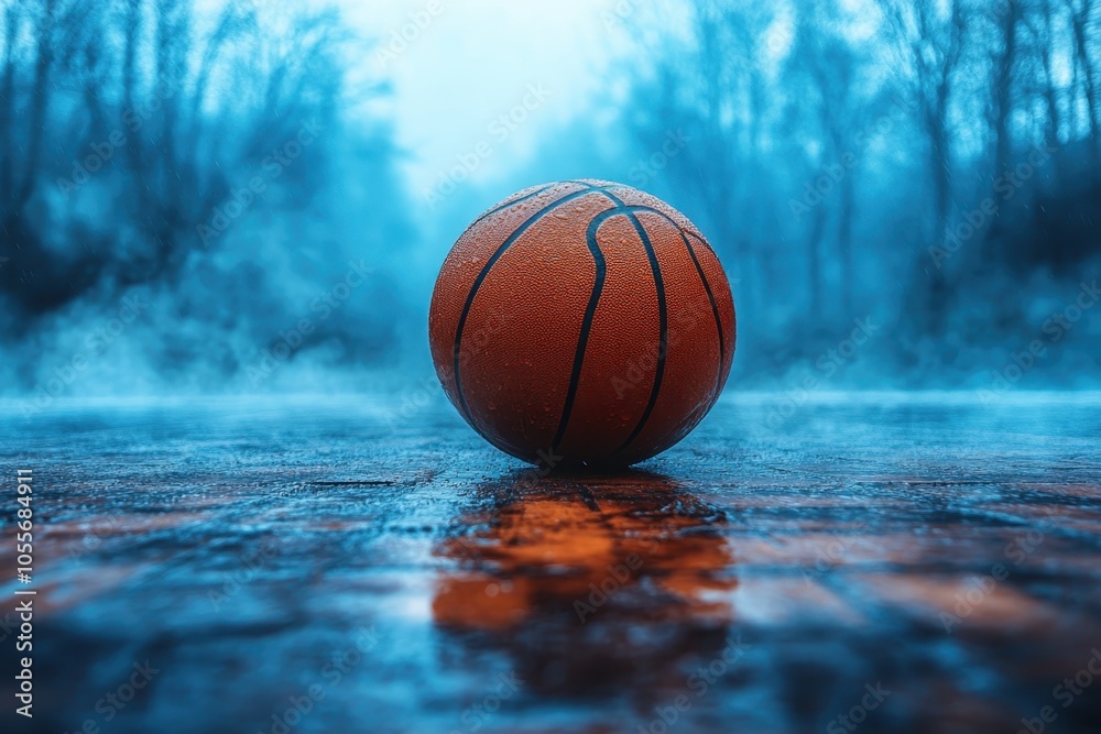 A lone basketball on a wet court surrounded by misty trees during twilight hours A lone basketball on a wet court surrounded by misty trees during twilight hours
