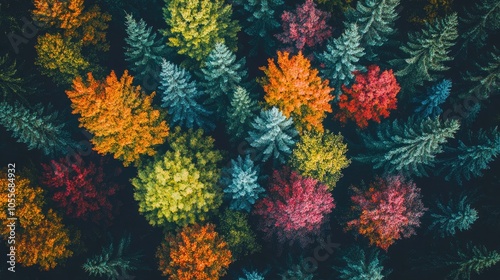 Aerial view of autumn foliage mixed with evergreen trees captured from above showcasing the vibrant colors of the season